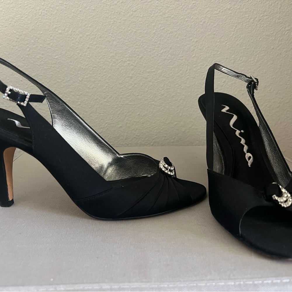 Vintage Nina Fiore Black Silk Satin Rhinestone Slingback Heels Size 7.5 M